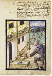 Niclaus Weidenhöffer, plâtrier et échafaudage constitué d'écoperches et de boulins.